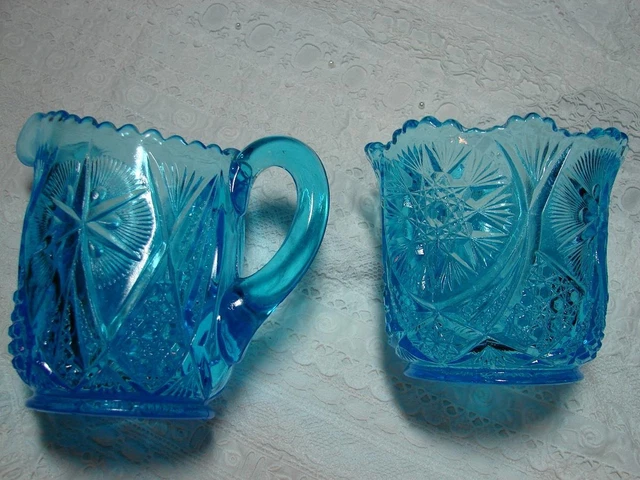 VINTAGE Aqua Blue Glass Milk Pitcher & Sugar Star And Button Pattern
