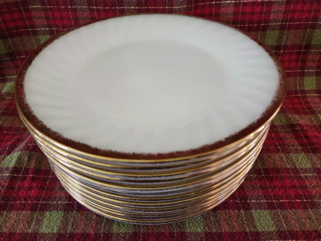 Vintage Fire King Milk Glass Scallop Swirl Gold Rim 9" Dinner Plates Set of 12