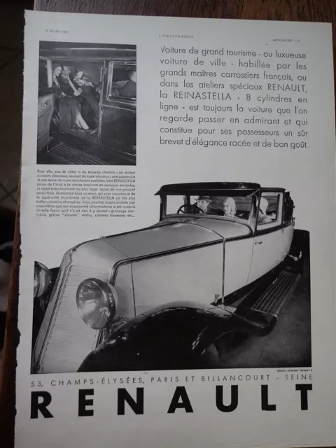 RENAULT voiture REINASTELLA 8 cyl 78 publicité papier ILLUSTRATION 1930