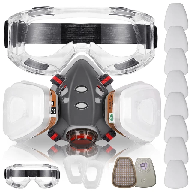 Respirator Mask with Filters - Reusable Half Face Cover, Safety Glasses Included