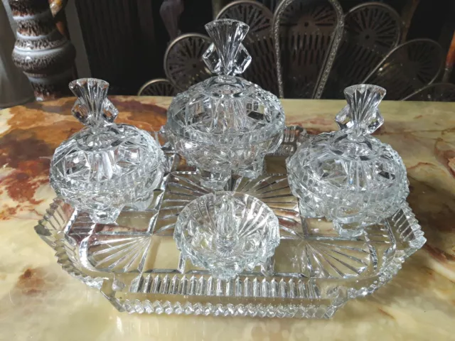 Art Deco Glass 5 Piece Dressing Table Vanity Set Clear Glass