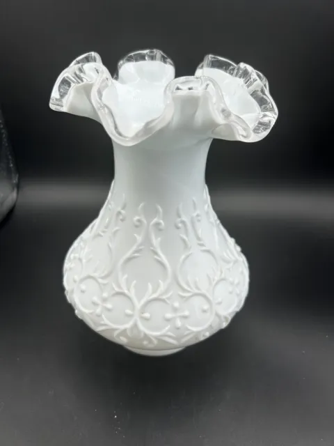 Vintage Fenton White Milk Glass Silver Crest Spanish Lace Vase  8’’