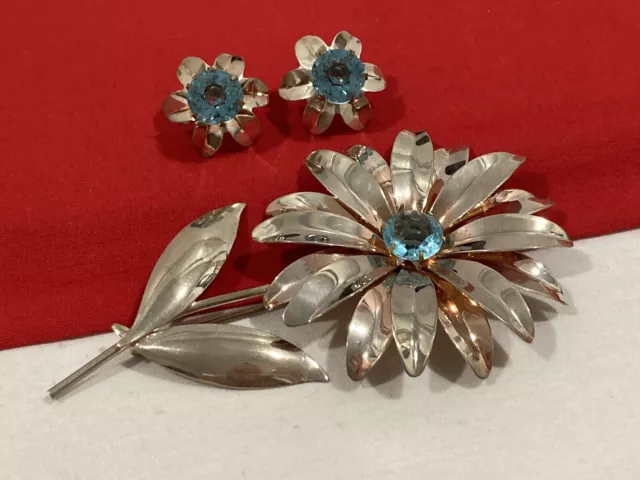 Vintage 925 Signed Sterling Silver Floral Blue Stone PIN BROOCH & EARRINGS SET