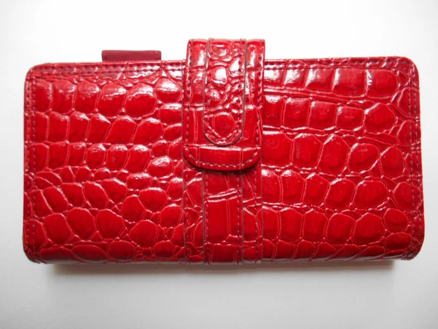 Red Patent Leather Croc Embossed Clutch Checkbook Cards ID Coins Wallet