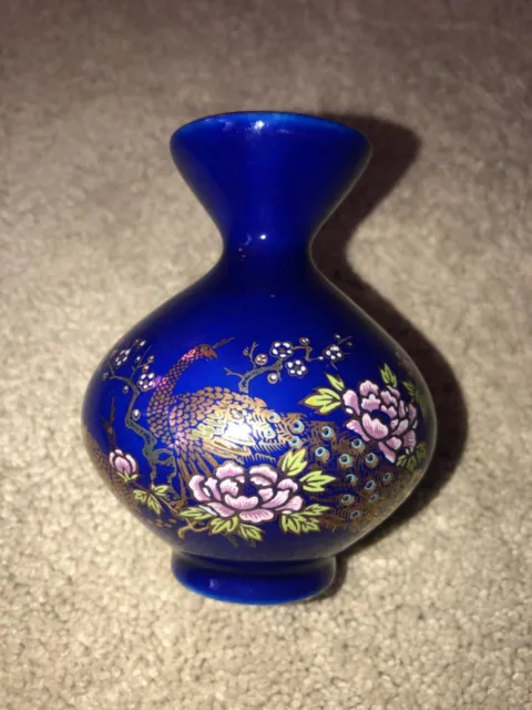 Vintage Mini Cobalt Blue Vase Pheasant Peacock Flower Gold Trim Japanese Japan