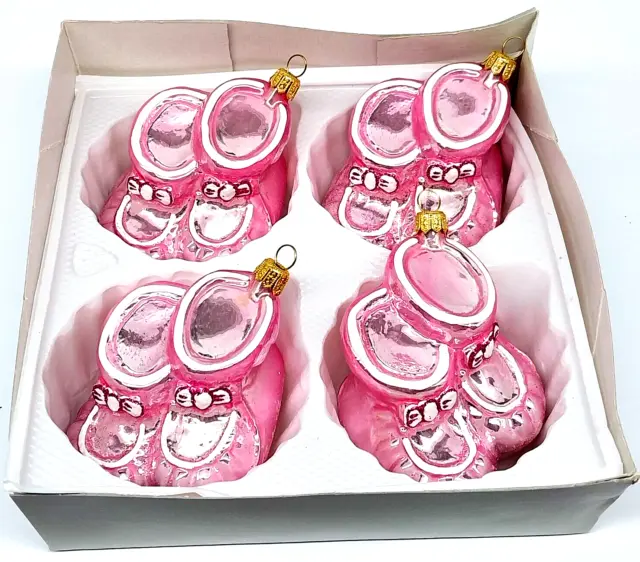 4 x Blown Glass Baubles Artisan Ornaments Pink Baby Shoes Design Poland