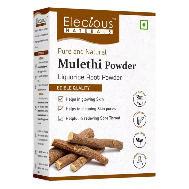 Elecious Mulethi Poudre pour Visage Cheveux Manger (200 Grammes) Cheveux et Peau