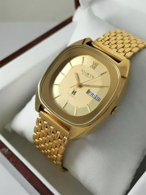 NOS ALLWYN AUTOMATIC vintage Men s Watch new old stock Gold Plated day date 122.15 PicClick UK