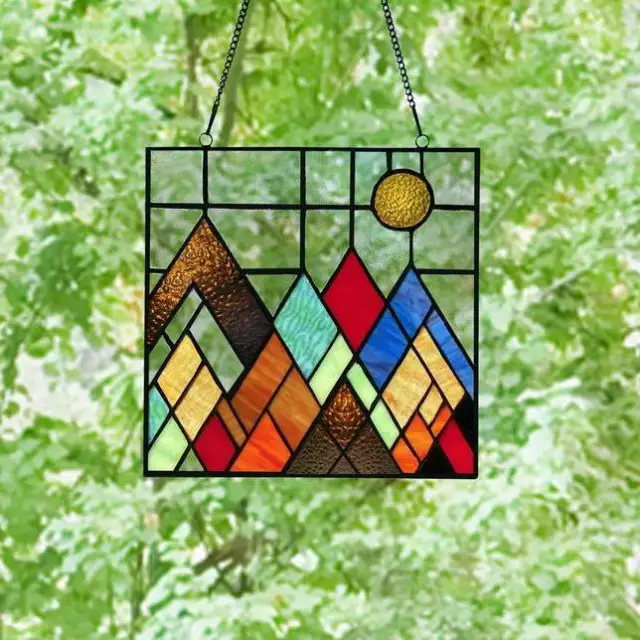 Colorful Mountain Tops Suncatcher Stained Glass Window Panel 10x10 Tiffany Style