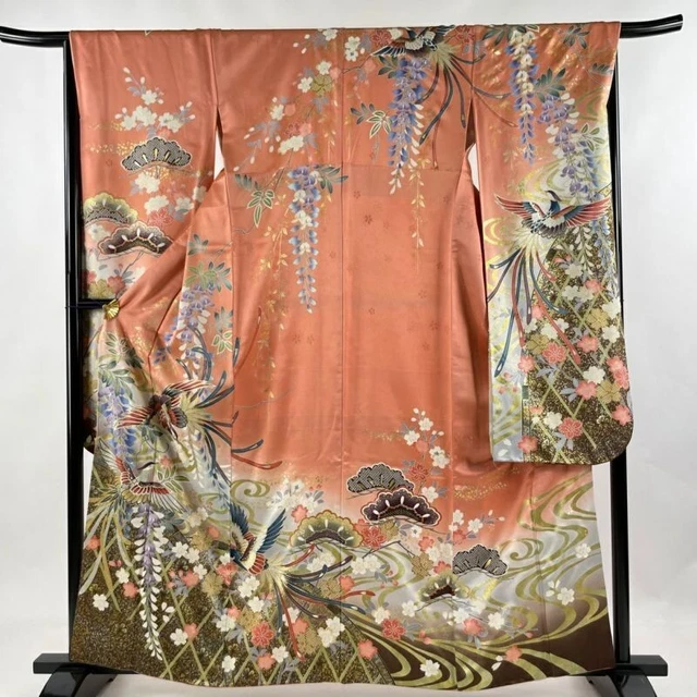 Woman Japanese Kimono Furisode Silk Flower Bird Stream Gold Silver Foil Pink