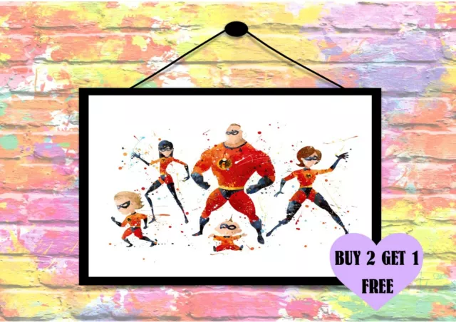 BUY 2 GET 1 FREE Disney Incredibles Watercolour Print Poster Wall Art Gift A4