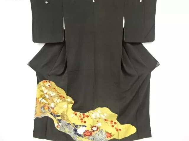 38624# Japanese Kimono / Antique Tomesode / Embroidery / Flower & Bird