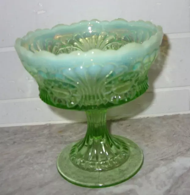 Jefferson Glass Tokyo ? Green Opalescent Fan an Arch Footed Candy Compote Dish