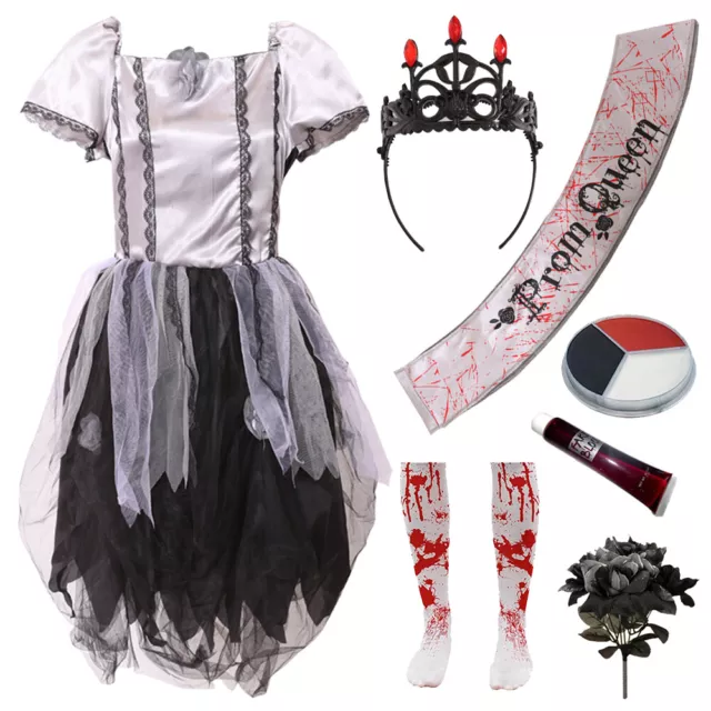 Childs Undead Prom Queen Halloween Costume Zombie Gothic Girls Bride Fancy Dress