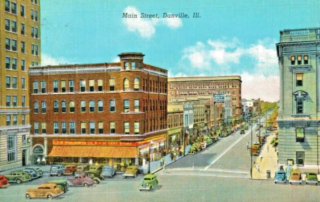 VIntage Postcard-Main Street, Danville, IL