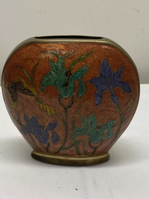 Messing Vase  Flach Handarbeit Massiv Schönes Dekor Emaille