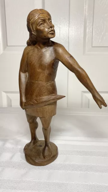 Vintage Hand-carved Wooden Aztec Indian Warrior FOLK ART Statue Figure 12 3/4"