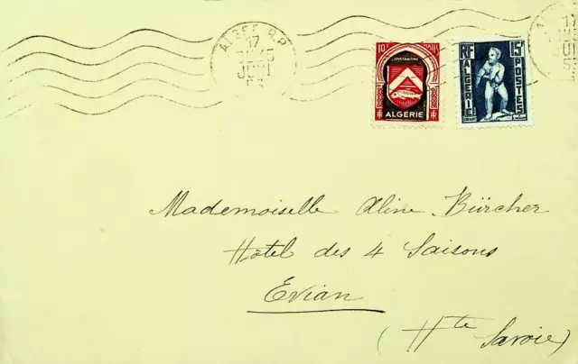 ALGERIA 1953 2v ON COVER FROM ALGER RP TO EVIAN FRANCE