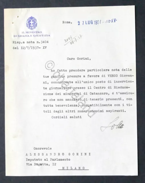 Lettera con Autografo del Ministro della Giustizia Arrigo Solmi - 1937
