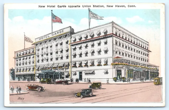 POSTCARD Hotel Garde near Union Station New Haven Connecticut Flags Trolley Auto