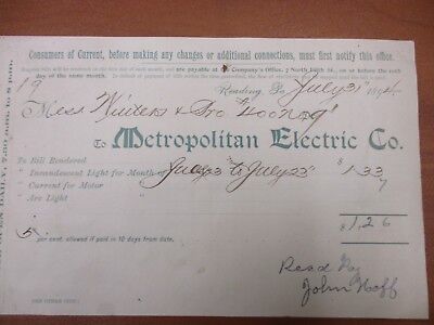 Vintage letterhead Metropolitan Electric Co. Reading PA July 3, 1894