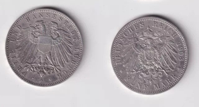 5 Mark Silbermünze Freie und Hansestadt Lübeck 1908 Jäger 83 vz (165406)