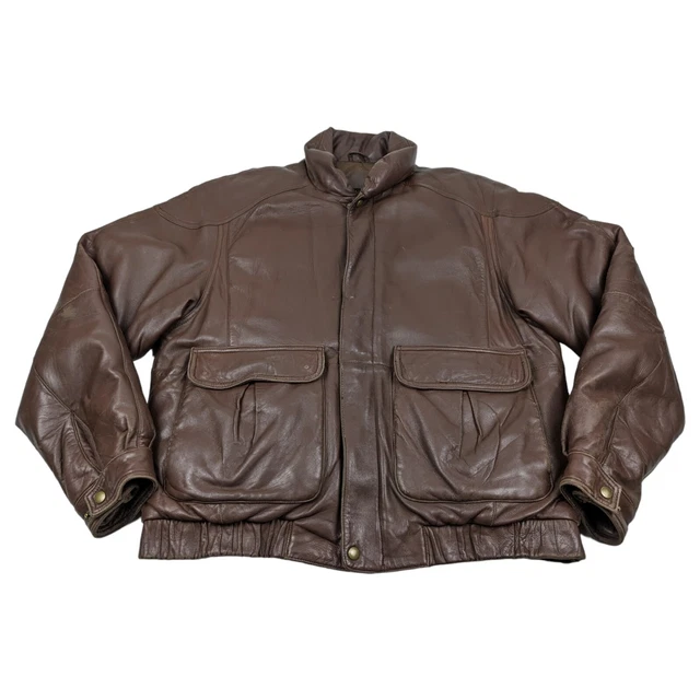 VTG Eddie Bauer Brown Leather Goose Down Insulation Jacket Mens L Puffer Bomber