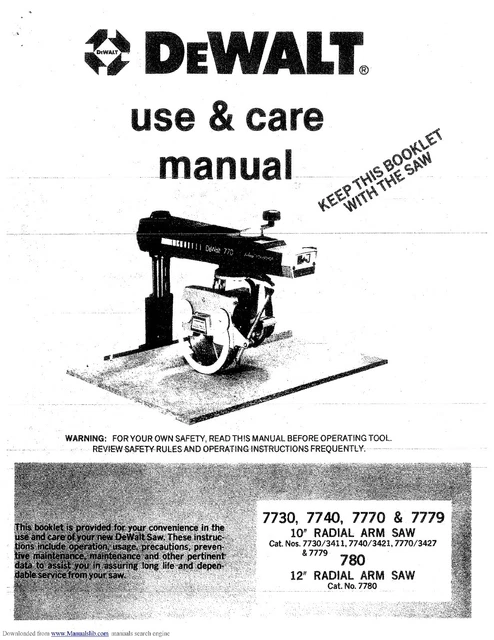 DEWALT RADIAL ARM Saw Model 7700 series Manual PDF £3.14 - PicClick UK