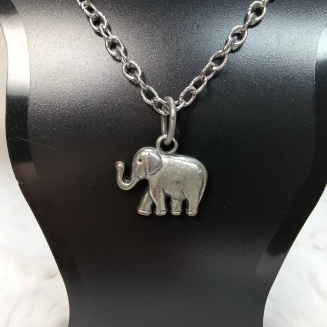 Necklace Elephant Pendant Charm Silver Tone Chain 2 Sided Trunk up For Luck