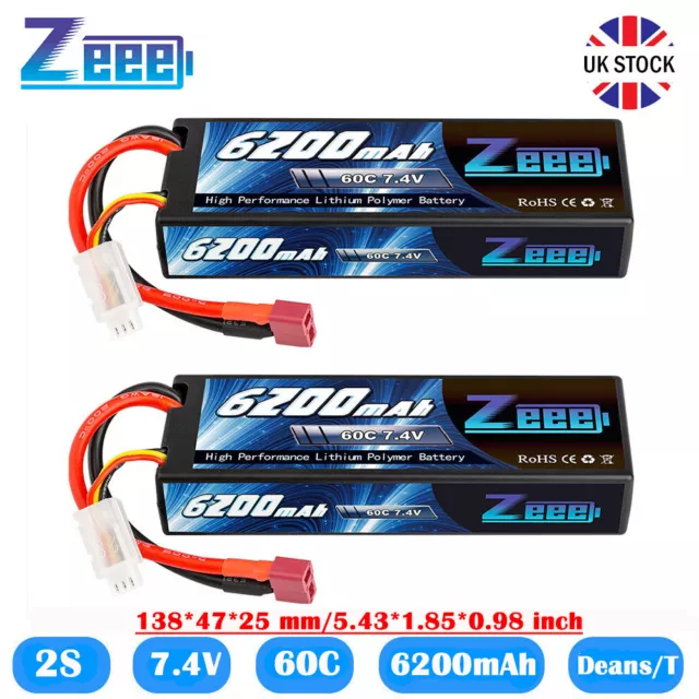 2X Zeee 2S Lipo Battery 7.4V 6200mAh 60C Hardcase Deans T for RC Car Boat Truggy