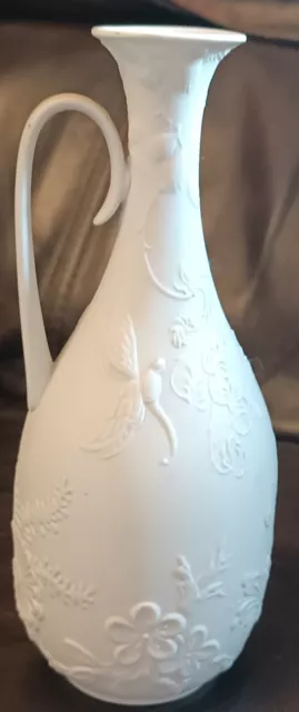 Vintage AK Kaiser Germany White Bisque Bird Butterfly Flower Porcelain Jug Vase 3