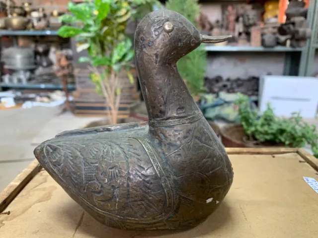 Vintage Wooden Handcrafted Decorative Duck Figurine Brass Inlaid Duck Statue
