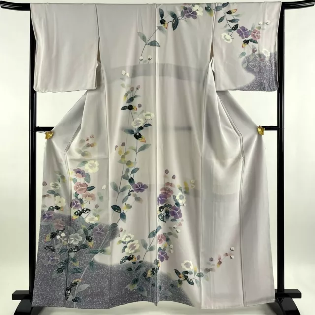 Japanese kimono  "HOUMONGI", Plants, Embroidery with two flowers, L 5' 4"..3113