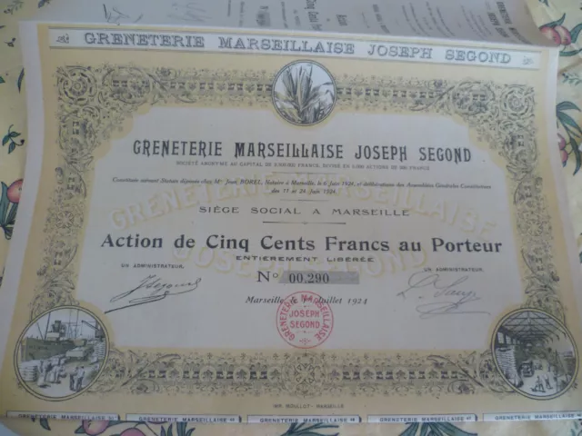 RARE Lot de 4 Actions non-séparées :  GRENETERIE MARSEILLAISE JOSEPH SEGOND