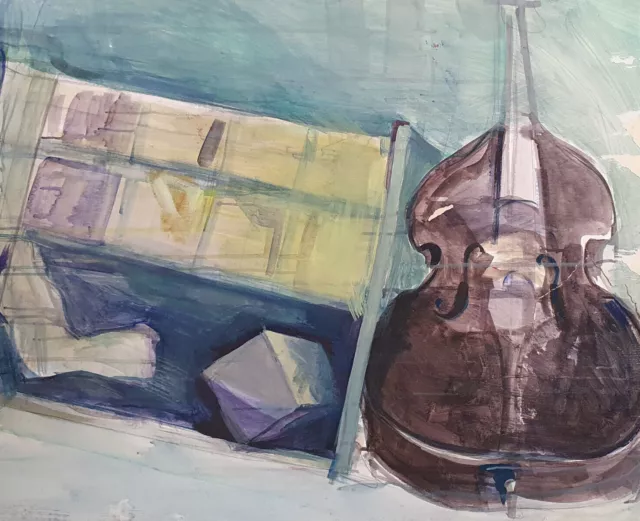 Vintage abstrakt modernistische Aquarellmalerei Stillleben Cello