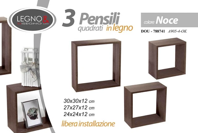Set 3 Mensole da Parete MODULI PENSILE Moderne Design Cubo Mensola Scaffale NOCE