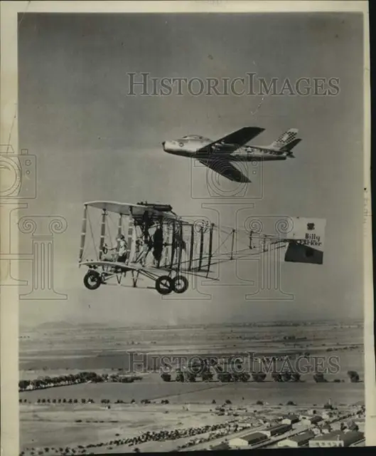 1952 Press Photo Air Force F-86 Sabre Jet Flying Next to a 1912 Pusher Biplane