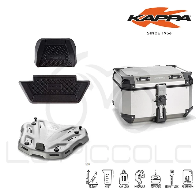 KIT BAULETTO POSTERIORE ALLUMINIO 43L+ PIASTRA + SCHIENALE + BORSA INTERNA UNIVERSALE TUTTE LE MOTO CASE TOP BOX SIDE BOX RACKET ARGENTO (KIT COMPLETO SILVER
