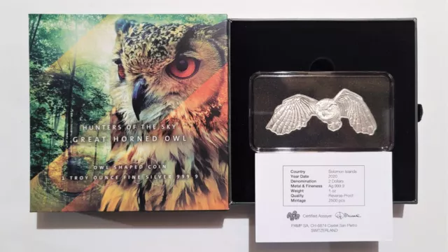 1 oz 2020 Solomon Islands Great Horned Owl 9999 Fine Silver Coin W/Box & COA