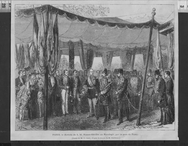 G374 / Gravure 1888 /  Paris Arrivee De S. M. Nasser-Ed-Din Au Ranelagh