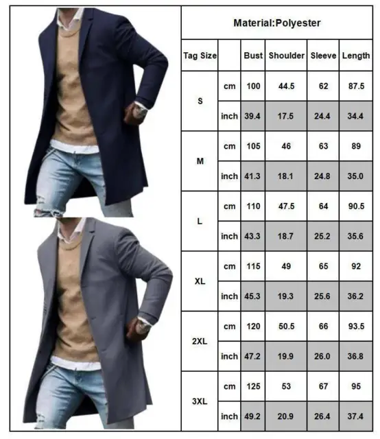 Men's Winter Warm Trench Coat Outwear Overcoat Casual Long Sleeve Button Jacket 7