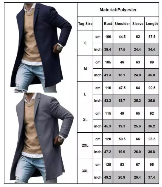 Men's Winter Warm Trench Coat Outwear Overcoat Casual Long Sleeve Button Jacket 7