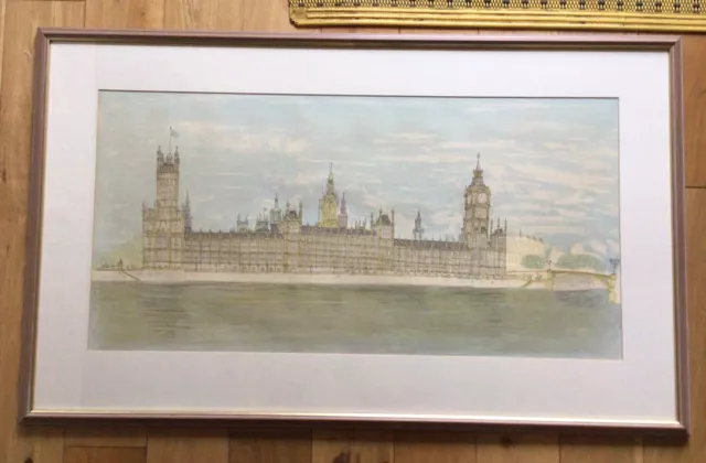 Large Vintage Framed Pen & Ink Drawing Of The Houses Or Parliament London