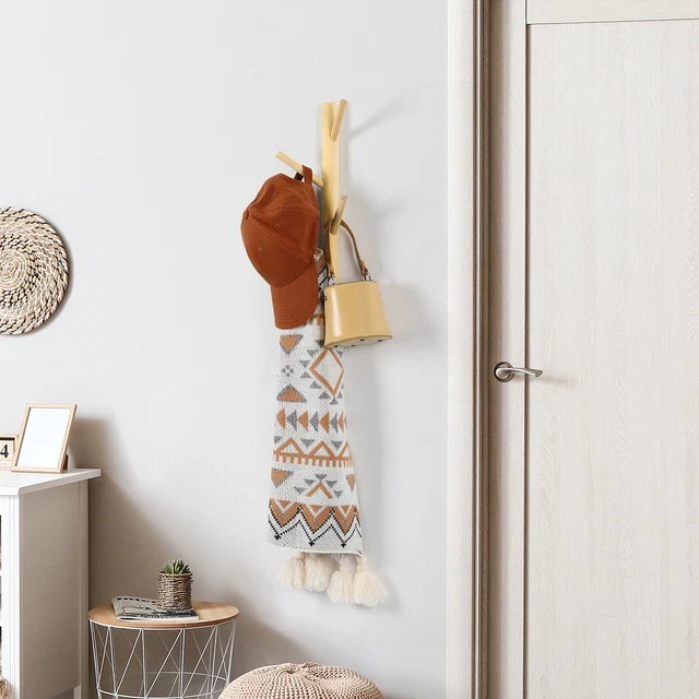 Wooden Coat Hat Rack Wall-Mounted Bag Hanging Shelf 4 Hooks Storage for Entryway
