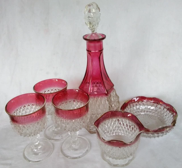 Vintage Clear & Cranberry Colored Glass Decanter Set w/ 3 Glasses 2 Candy Dishes