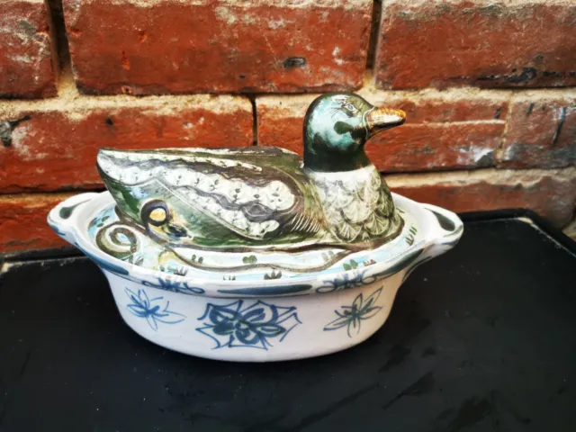 Rare Hb Quimper Vintage Hand Painted Pottery Faience Duck Terrine Lidded Dish