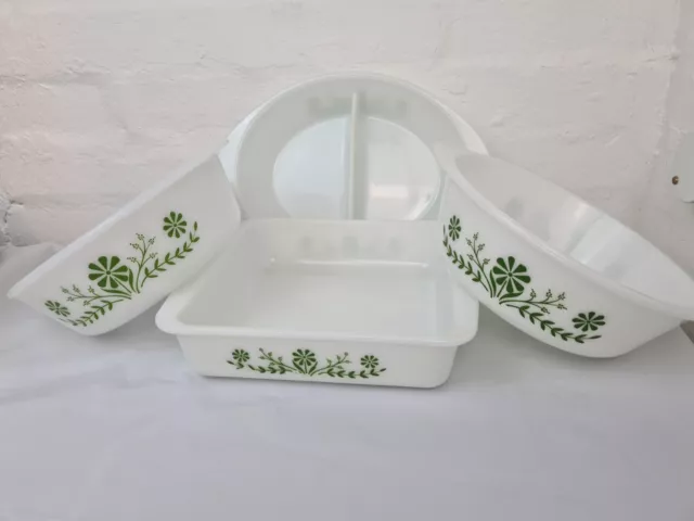 Vintage Glasbake USA Milchglas grün verrückt Gänseblümchen 4-teiliges Set