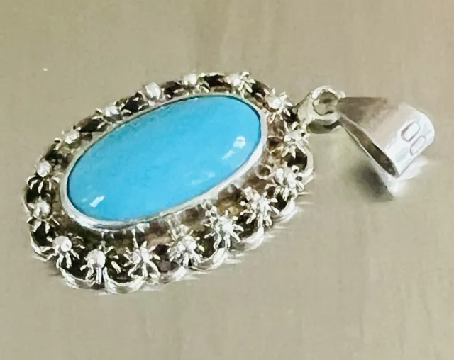 Vintage Persian Turquoise Sterling Silver Pendant Blue intricate Design