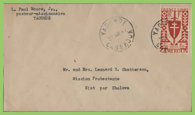 Cameroon 1945 Yaounde cover to Protestant Mission Njazeng Ebolova