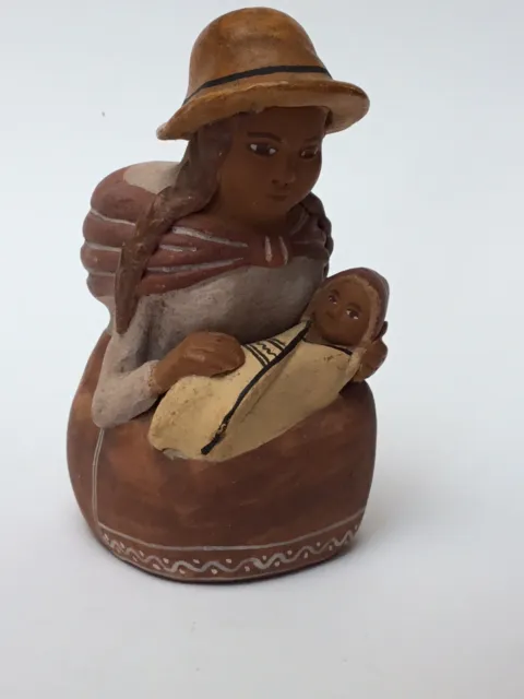 Beautiful Hand Made Peruvian Pottery Mother & Baby Figurine Ornament, Peru, VGC